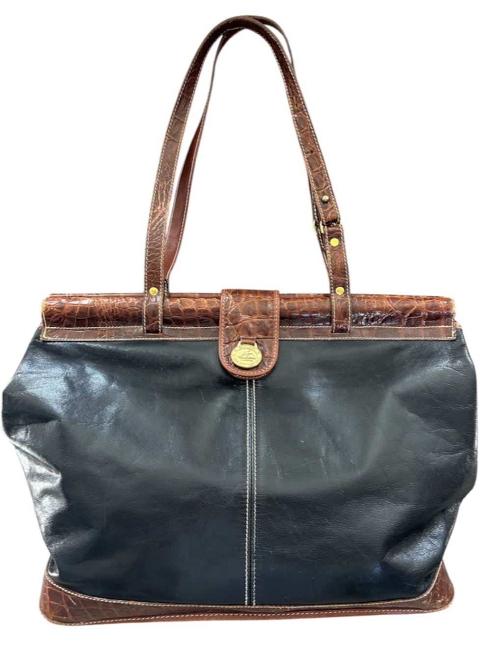 80’s 90’s large Brahmin 2-tone leather croc embossed tote bag black/brown